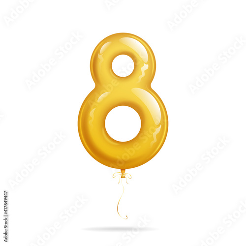 A balloon in the shape of a number eight is isolated on a white background has a golden color for International Women's day.