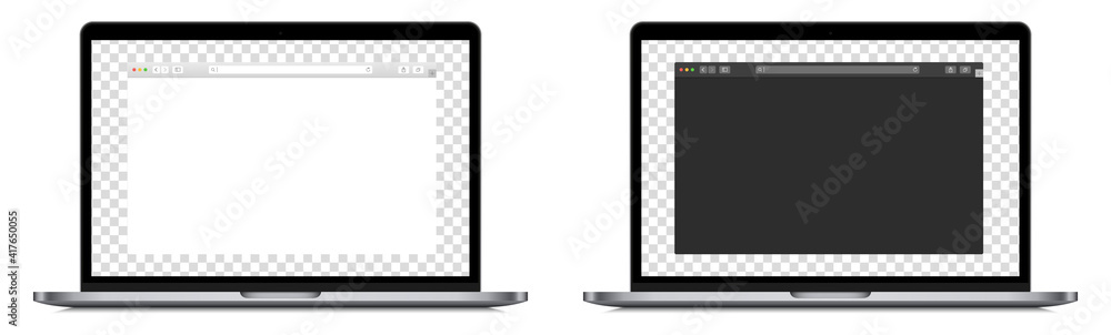 Set of realistic laptop device mockup screen with browser page. Editable laptop computer with search bar. Isolated PC with blank browser display on white background. Vector design. Set of realistic laptop device mockup screen with browser page. Editable laptop computer with search bar. Isolated PC with blank browser display on white background. Vector design.