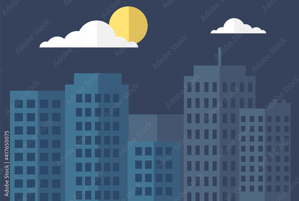 Silhouette of city and night with clouds and moon at sky. Skyscrapers and high-rise buildings vector illustration. Modern town landscape and architecture in dark . City sleeps under starry night sky