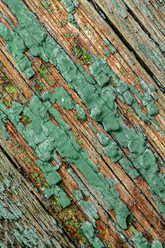 the peeling paint is green and mint colored like mold on an old rough rough wooden wet surface