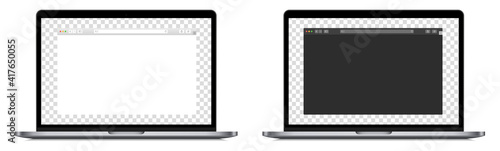 Set of realistic laptop device mockup screen with browser page. Editable laptop computer with search bar. Isolated PC with blank browser display on white background. Vector design.