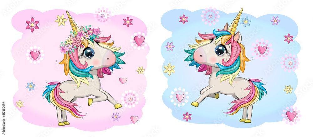 Baby Shower Greeting Card with cute Cartoon Unicorn girl and boy