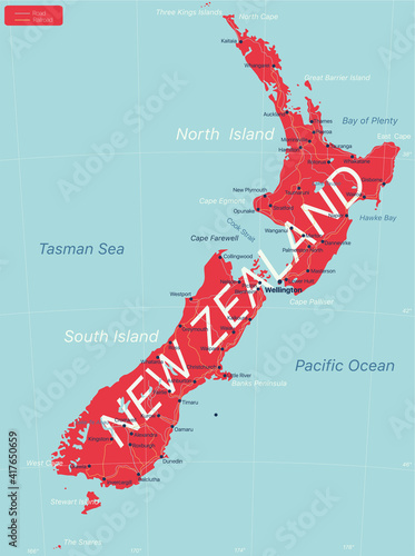 New Zealand detailed editable map with cities and towns, geographic sites. Vector EPS-10 file