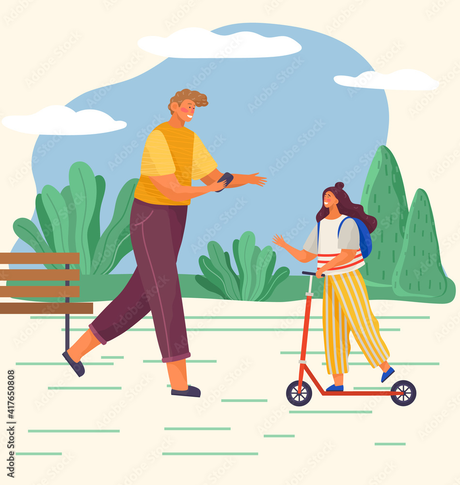 Fototapeta premium Family is walking in the park in spring or summer in warm weather. Father is walking with a phone in his hands and looking at his daughter riding a scooter. Young family is enjoying a stroll