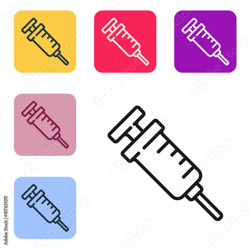 Black line GMO syringe icon isolated on white background. Genetically modified organism acronym. Dna food modification. Set icons in color square buttons. Vector.