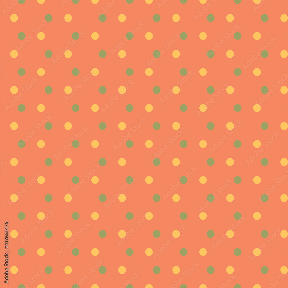 Polka dot seamless pattern. Green and yellow spots on coral color background. Bright and cute vector illustration.