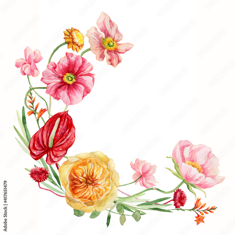 Fototapeta premium spring bouquet of wildflowers. watercolor illustration of summer flowers. poppy, peony rose, tulip