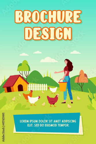 Happy woman feeding domestic birds flat vector illustration. Cartoon female farmer breeding hens and roosters at country. Chicken farm and agriculture concept