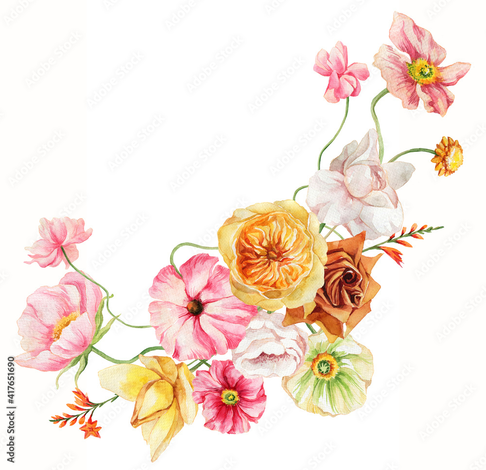 spring bouquet of wildflowers. watercolor illustration of summer flowers. poppy, peony rose, tulip