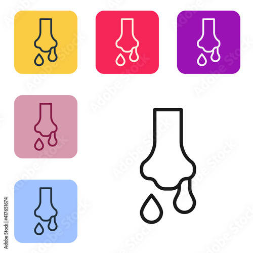 Black line Runny nose icon isolated on white background. Rhinitis symptoms, treatment. Nose and sneezing. Nasal diseases. Set icons in color square buttons. Vector.