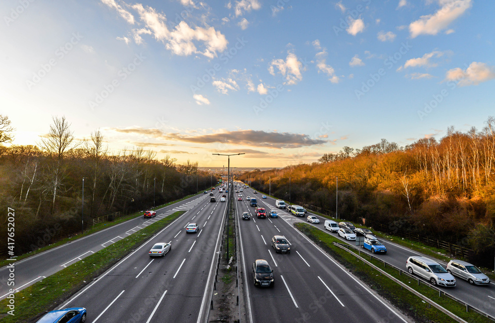 A busy road at Sunset