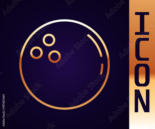 Gold line Bowling ball icon isolated on black background. Sport equipment. Vector.