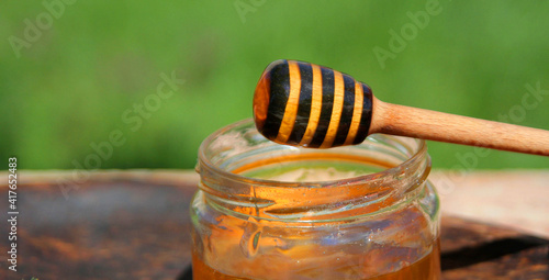 honey dipper with natural honey, over glassware, on a wooden plate, in a green field.