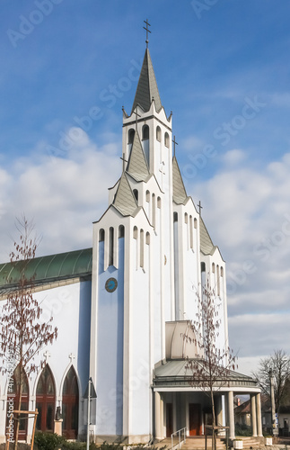 Modern Szentlelek Holy Spirit church in Heviz Hungary with blue color photo