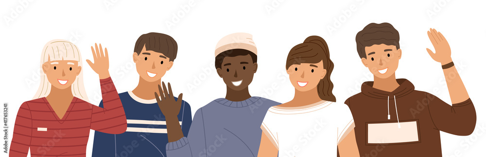 Group of people is waving hands. Male character is standing next to the men and women. Happy guy in sweater is smiling and raises his hand. Vector illustration, isolated on white background Group of people is waving hands. Male character is standing next to the men and women. Happy guy in sweater is smiling and raises his hand. Vector illustration, isolated on white background