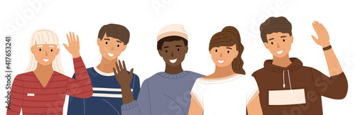 Group of people is waving hands. Male character is standing next to the men and women. Happy guy in sweater is smiling and raises his hand. Vector illustration, isolated on white background