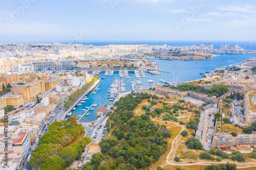 Valletta, Malta - Aerial panoramic skyline day time view of Valletta, Sliema, Manoel Island, Gzira, Ta' Xbiex, Msida.