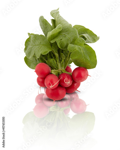 bunch of radishes shadow reflections isolated on white background​ clipping​ path​