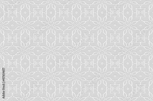 Geometric artistic white background. Volumetric composition from a relief openwork ethnic pattern. Wallpaper with 3D effect of a convex shape for design.