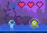 Pixel game interface layout design. Cartoon character goes to unidentified object. Alien attacks astronaut with incomplete health. Man raises his hands up and looks through helmet at danger
