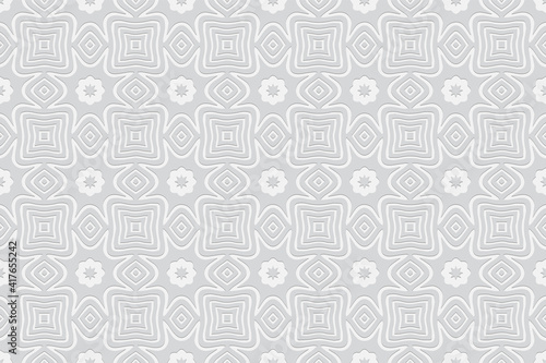 Geometric trendy white background. Volumetric composition of a relief pattern. Wallpaper with a 3D effect of a convex shape with ethnic elements for design and decor.
