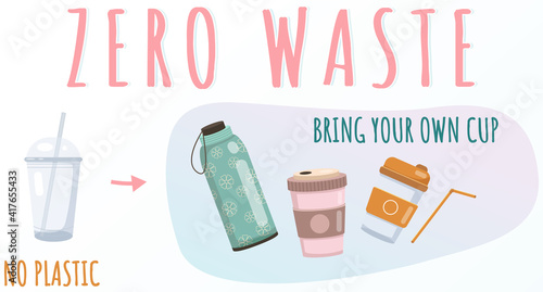Zero waste concept. Protecting environment, choosing natural organic sustainable materials. Bring your own cup instead of disposable container. Banner on theme of using eco-friendly reusable cups