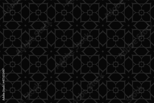 Wallpaper Mural Geometric black background. Volumetric composition of a relief pattern. Wallpaper with a 3D effect of a convex shape with ethnic elements in the style of a stained glass window. Torontodigital.ca