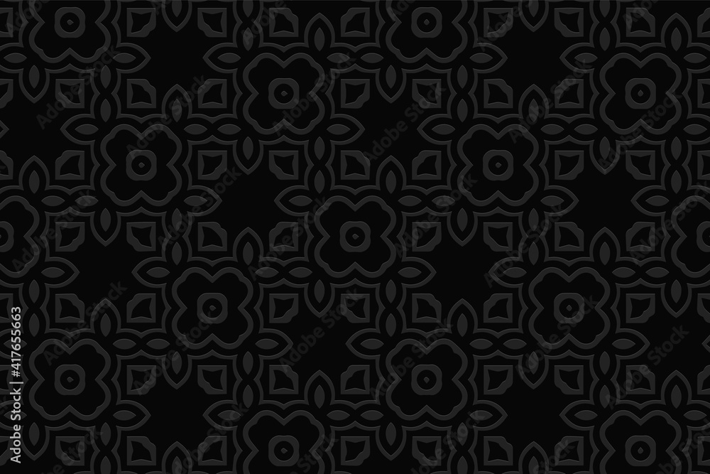 Geometric floral black background. Volumetric composition of a relief ethnic pattern. Beautiful wallpaper with 3D effect of a convex shape.