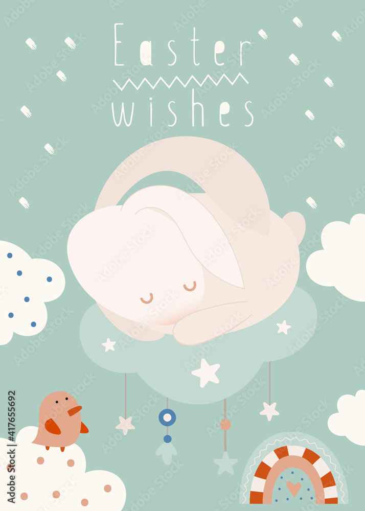 Happy Easter greeting card – Easter bunny sleeping on a cloud. Lettering Easter wishes. Vector illustration in retro design. Happy Easter greeting card – Easter bunny sleeping on a cloud. Lettering Easter wishes. Vector illustration in retro design.