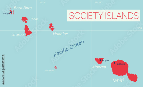 Society Islands detailed editable map with cities and towns, geographic sites. Vector EPS-10 file