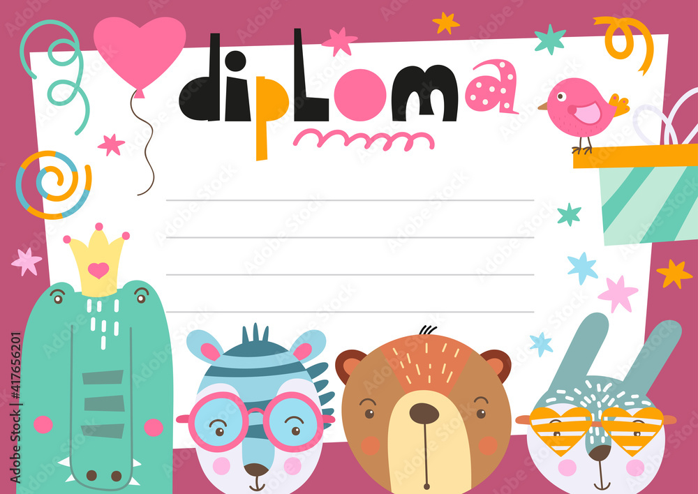 Diploma template with cute animals in doodle cartoon style, certificate background for school, preschool, kindergarten. Vector illustration. Place for text. Diploma template with cute animals in doodle cartoon style, certificate background for school, preschool, kindergarten. Vector illustration. Place for text.