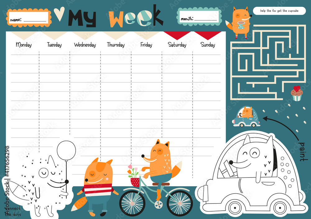 Weekly planner with cute fox in cartoon style. Kids schedule design template. Included mini games - maze, coloring page. Vector illustration.