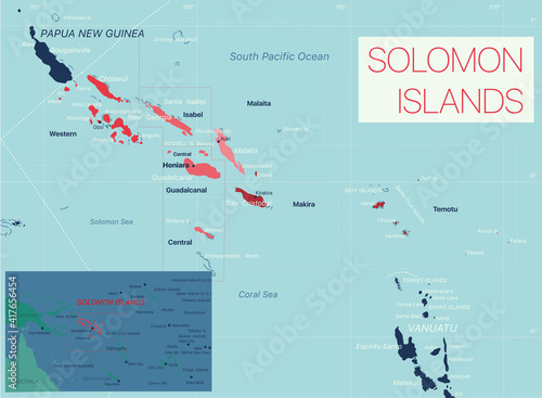 Solomon Islands detailed editable map with cities and towns, geographic sites. Vector EPS-10 file