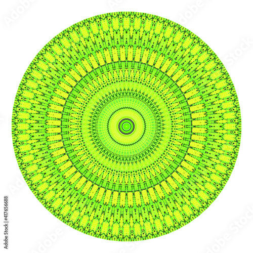 Creative yellow green points round symbol. Abstract symmetrical logo. Mosaic green beautiful beads. Circle dots modern pixel floral art icon. Yellow pattern ornament wheel decorative illustration.