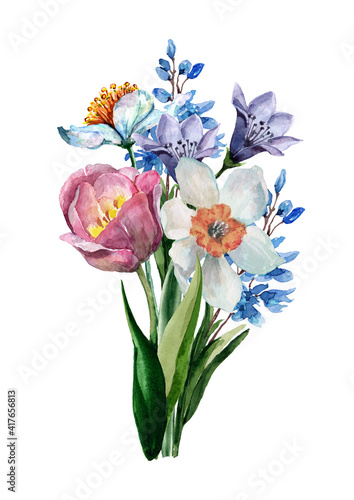 Spring bouquet with daffodil, tulip, hyacinth, bell and anemone flowers with buds and green leaves. Hand drawn watercolor painting on white background for design of cards, prints, wedding invitations.