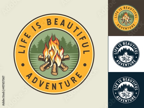 Set of colored patch of burning campfire with flame for camping design or t-shirt print, emblem