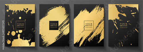 Modern black cover design set. Creative art pattern with gold brush stroke, paint drop (spot) on black background. Luxe artistic vector collection for notebook, flyer, poster, brochure template