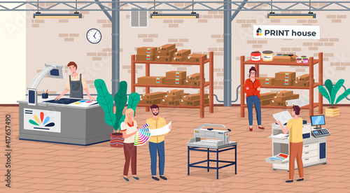 Printing house different equipment. Printer plotter, offset cutting machines and people workers. Industrial polygraphy isometric vector icons with man and woman picks a hue on the color palette