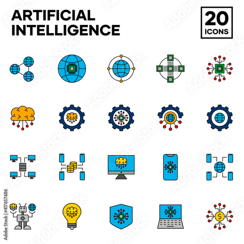 Artificial Intelligence icon set with filled line style, like brain, chipset, technology, machine, computing and internet network. Editable stroke and pixel perfect icons.