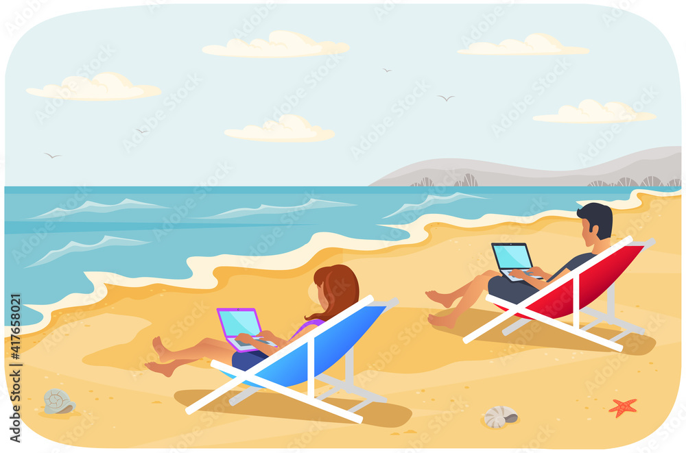 Recreation near sea vector illustration. Busy people are sitting in sun loungers and working on laptops remotely. Characters freelancing at resort. Colleagues are working on freelance at sandy beach