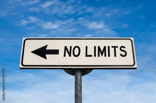 No limits road sign, arrow on blue sky background. One way blank road sign with copy space. Arrow on a pole pointing in one direction.