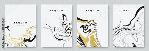 Abstract poster design with curves lines. Collection of gold and black liquid marble texture on white background. A4 size. Ideal for banner, flyer, invitation, cover, business card. Vector eps 10