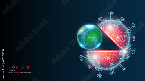 Super virus eating the earth. Coronavirus disease 2019 (Covid-19) ,Novel Coronavirus Pneumonia(NCP) ,2019-nCoV, Virus cell on background,vector illustration.