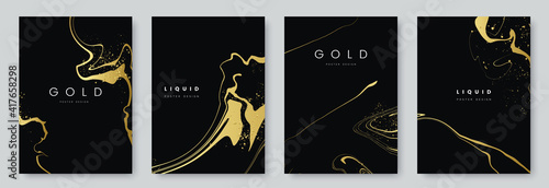 Abstract minimalist poster collection with golden smooth thin ink lines on black background. luxury banner design. A4 size. Ideal for flyer, packaging, invitation, cover, business card. Vector eps 10 photo