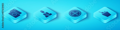 Set Isometric Deck of playing cards, Casino dealer, Champagne in an ice bucket and Casino roulette wheel icon. Vector.