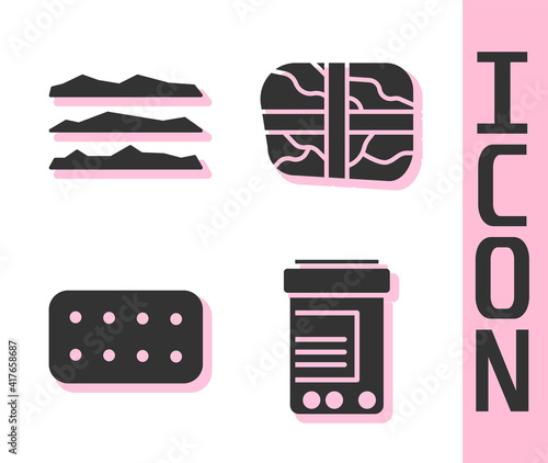 Set Medicine bottle and pills, Cocaine or heroin drug, Pills in blister pack and Package with cocaine icon. Vector.