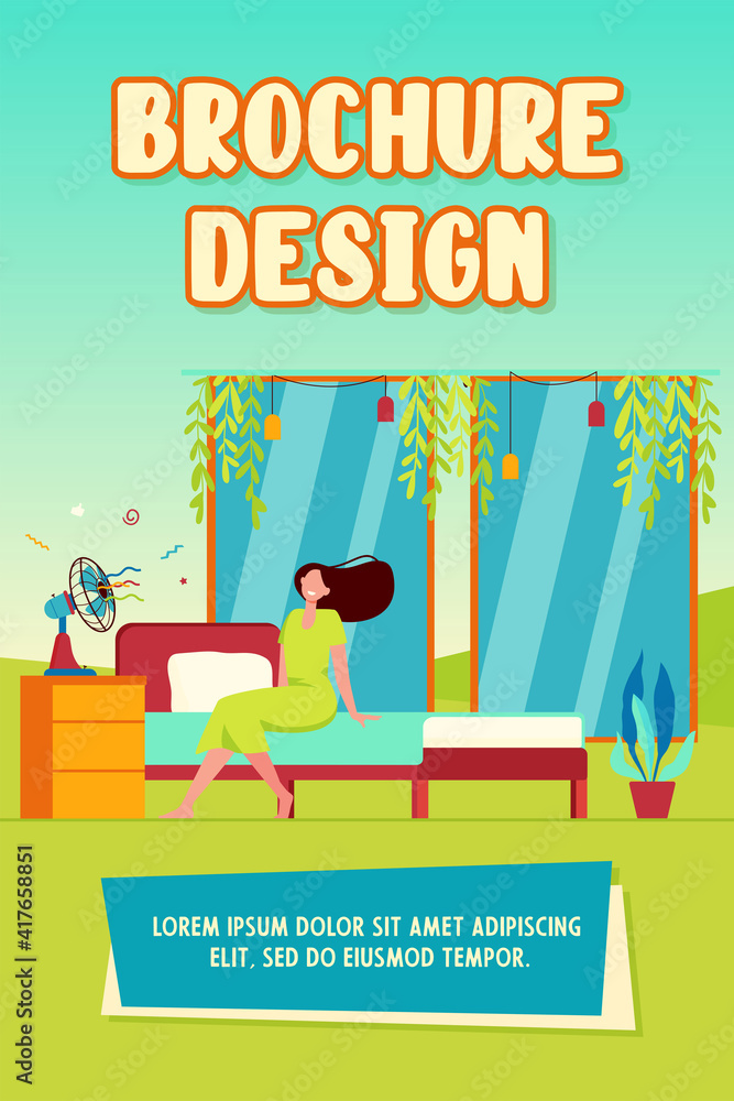 Happy woman with flying hair sitting at air fan, cooling in heat room. Vector illustration for hot weather, summer, conditioning at home concept Happy woman with flying hair sitting at air fan, cooling in heat room. Vector illustration for hot weather, summer, conditioning at home concept