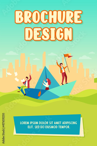 Successful business leader with flag sailing boat, his team using paddle. Colleagues and boss travelling in ocean of opportunities. Vector illustration for success, unity teamwork, leadership concept
