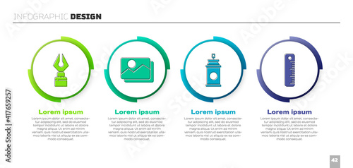 Set Fountain pen nib, Picture landscape, Paint spray can and Ruler. Business infographic template. Vector.