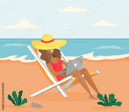 Recreation near sea vector illustration. Busy girl is sitting in sun lounger and working on laptop remotely. Character freelancing and tanning at resort. Woman working on freelance at sandy beach